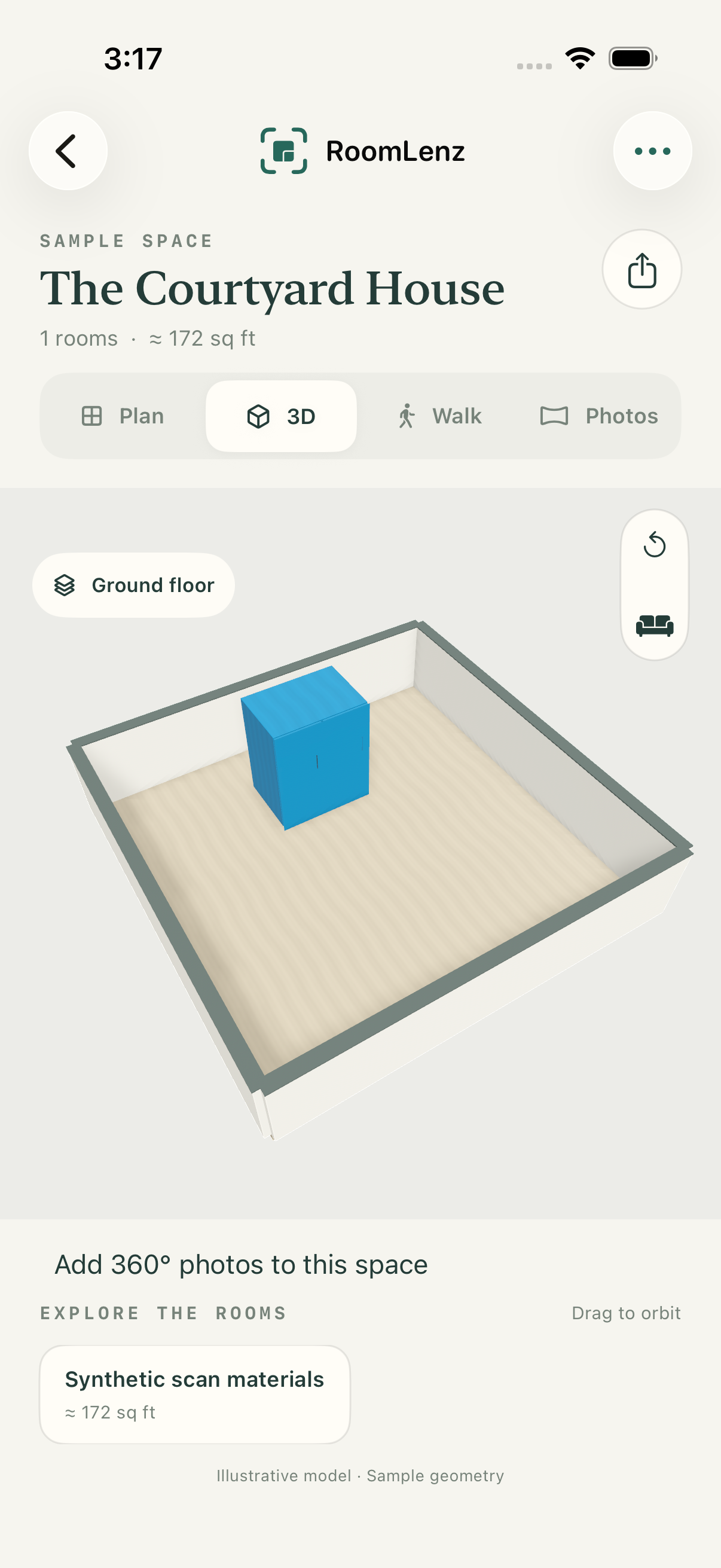 RoomLenz 应用中的示例 3D 房间模型